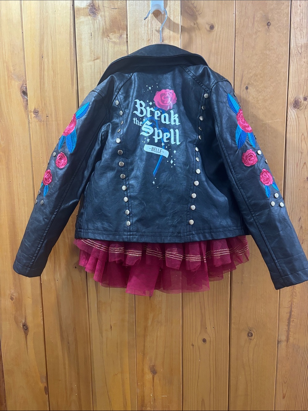 Disney Black Faux Leather Jacket with Pink & Blue Floral Embroidery